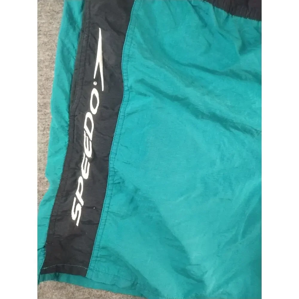 Vintage SPEEDO Teal Spell Out Pockets Mesh Lining Swim Trunk Board Short Size L